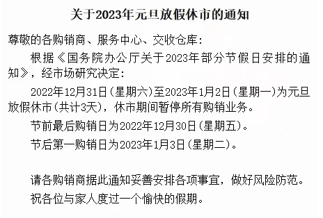 盛通四方农产品2023元旦放假的通知 