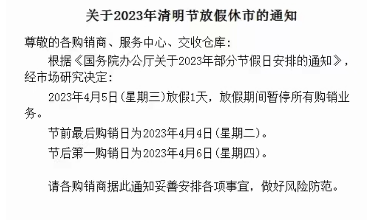 盛通四方农产品现货2023年清明节放假公告